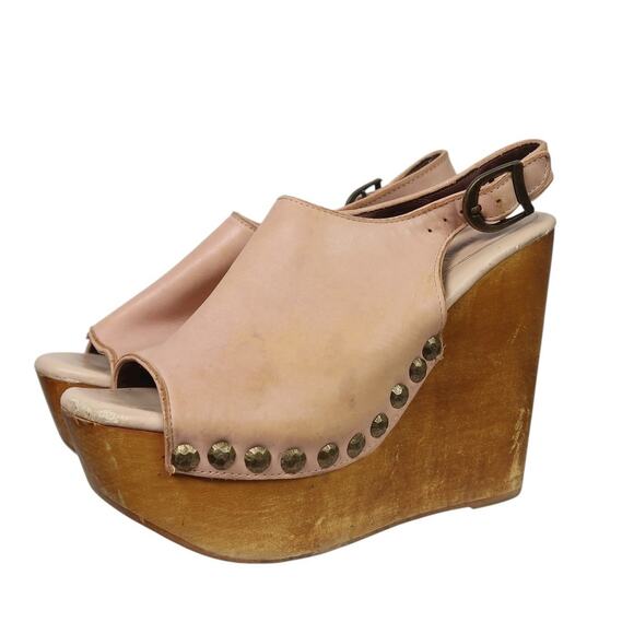 Jeffrey Campbell Snick Tan Leather Studded Wooden Wedge Heel Clogs 8 - Picture 4 of 8